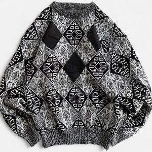 Vintage Alvin Josef Black & White Retro 80s Geometric Leather Diamond Sweater